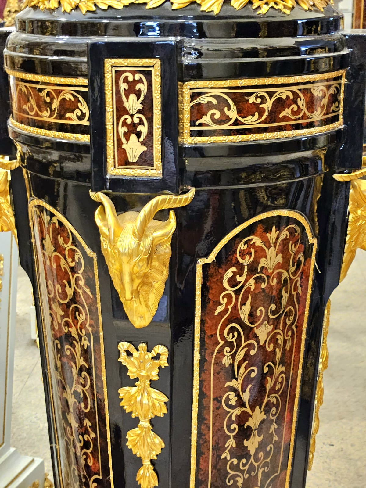 Luxury Ornate Black Wood Pedestal with Bronze Accents, Gold Leaf Details & Marble Top