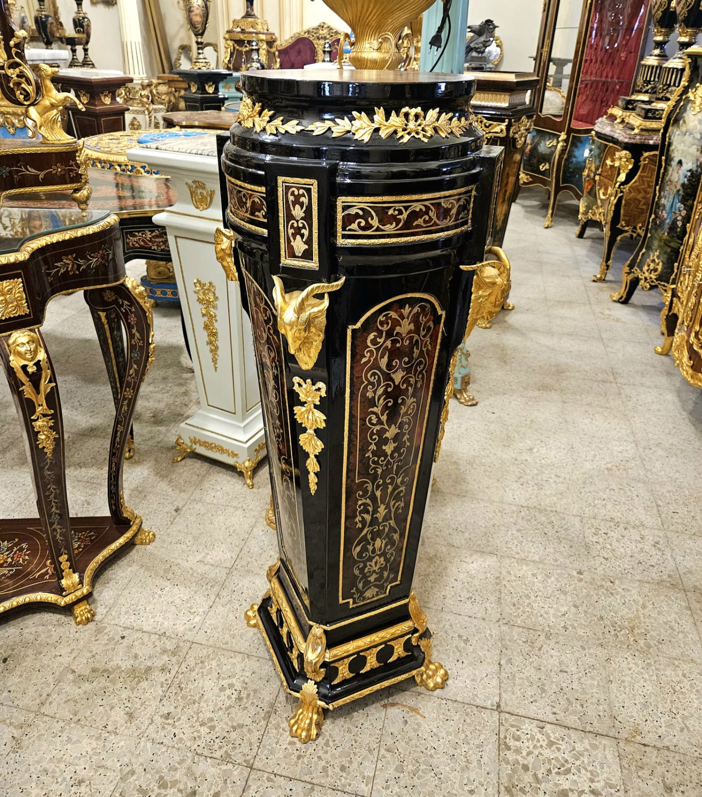 Luxury Ornate Black Wood Pedestal with Bronze Accents, Gold Leaf Details & Marble Top