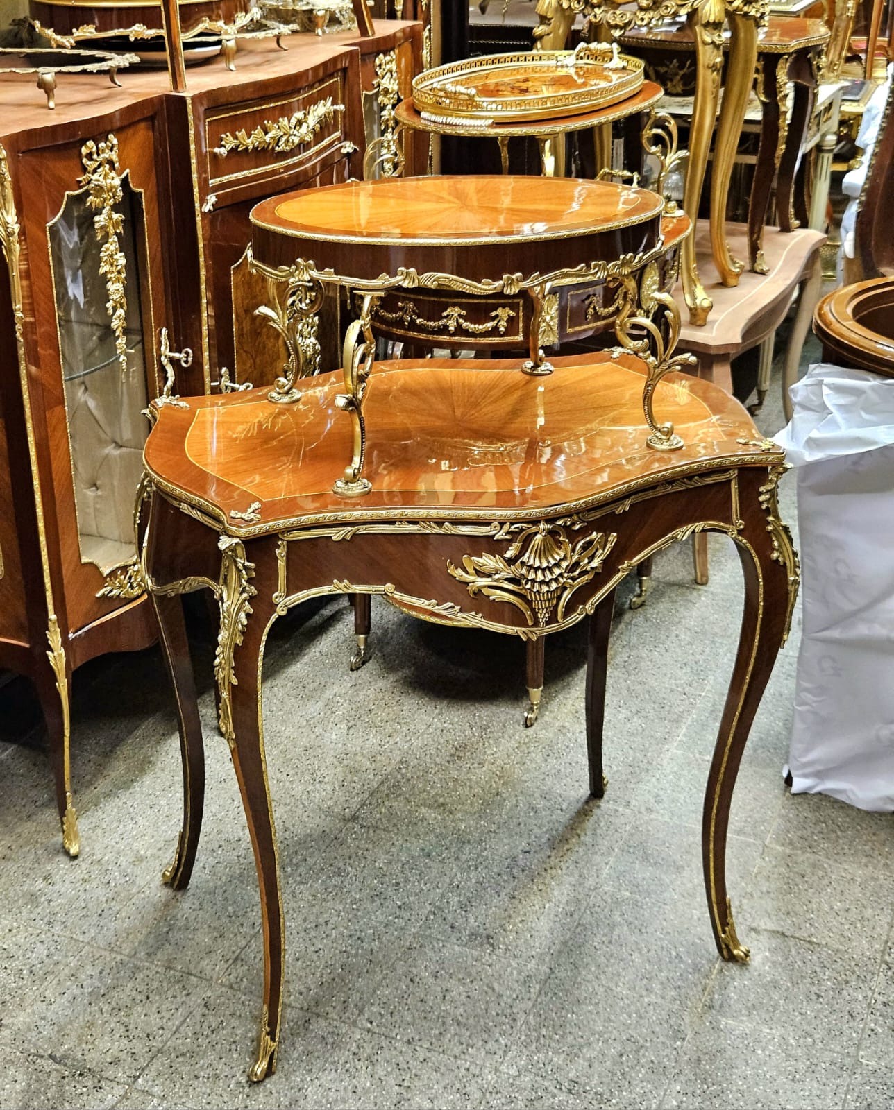 French Louis XV Two-Tier Side Table – Marquetry Accent Table with Raised Upper Shelf & Gilt Bronze Mounts