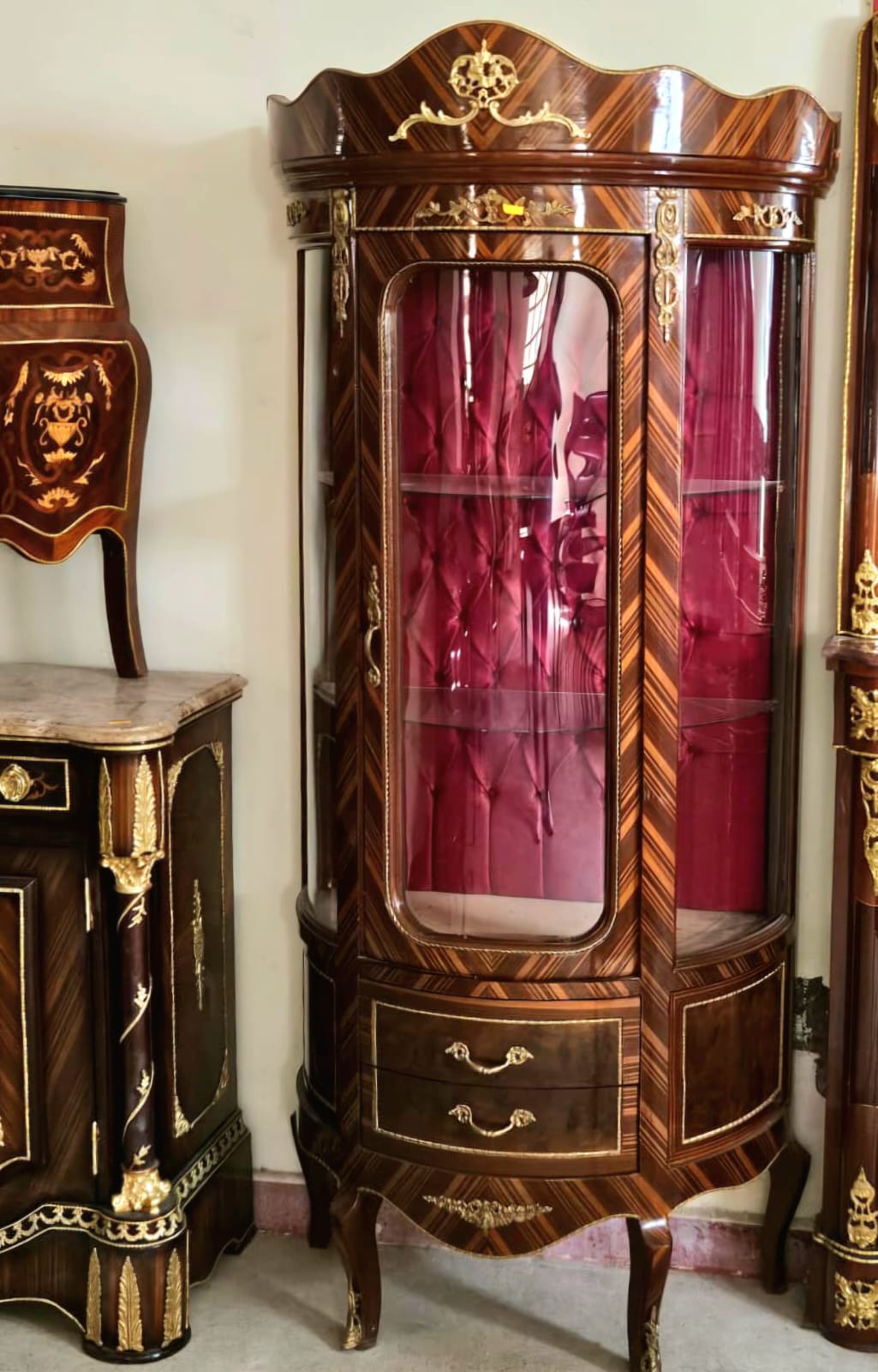 Luxury Curved Vitrine Cabinet with Tufted Velvet Interior, Gold Leaf & Bronze Details
