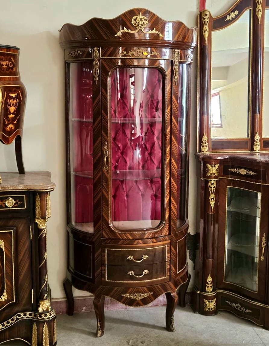 Luxury Curved Vitrine Cabinet with Tufted Velvet Interior, Gold Leaf & Bronze Details