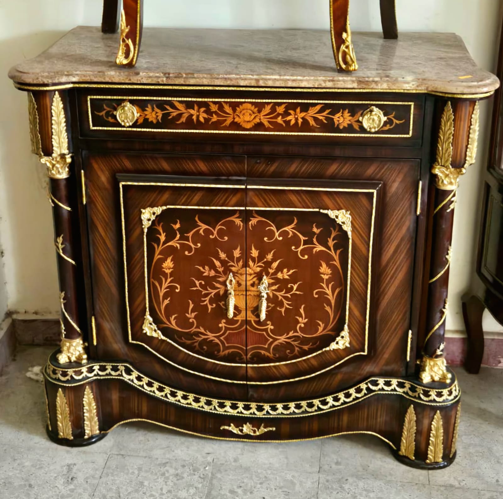 Luxury Marble Top Buffet Cabinet with Marquetry Inlay & Bronze Accents