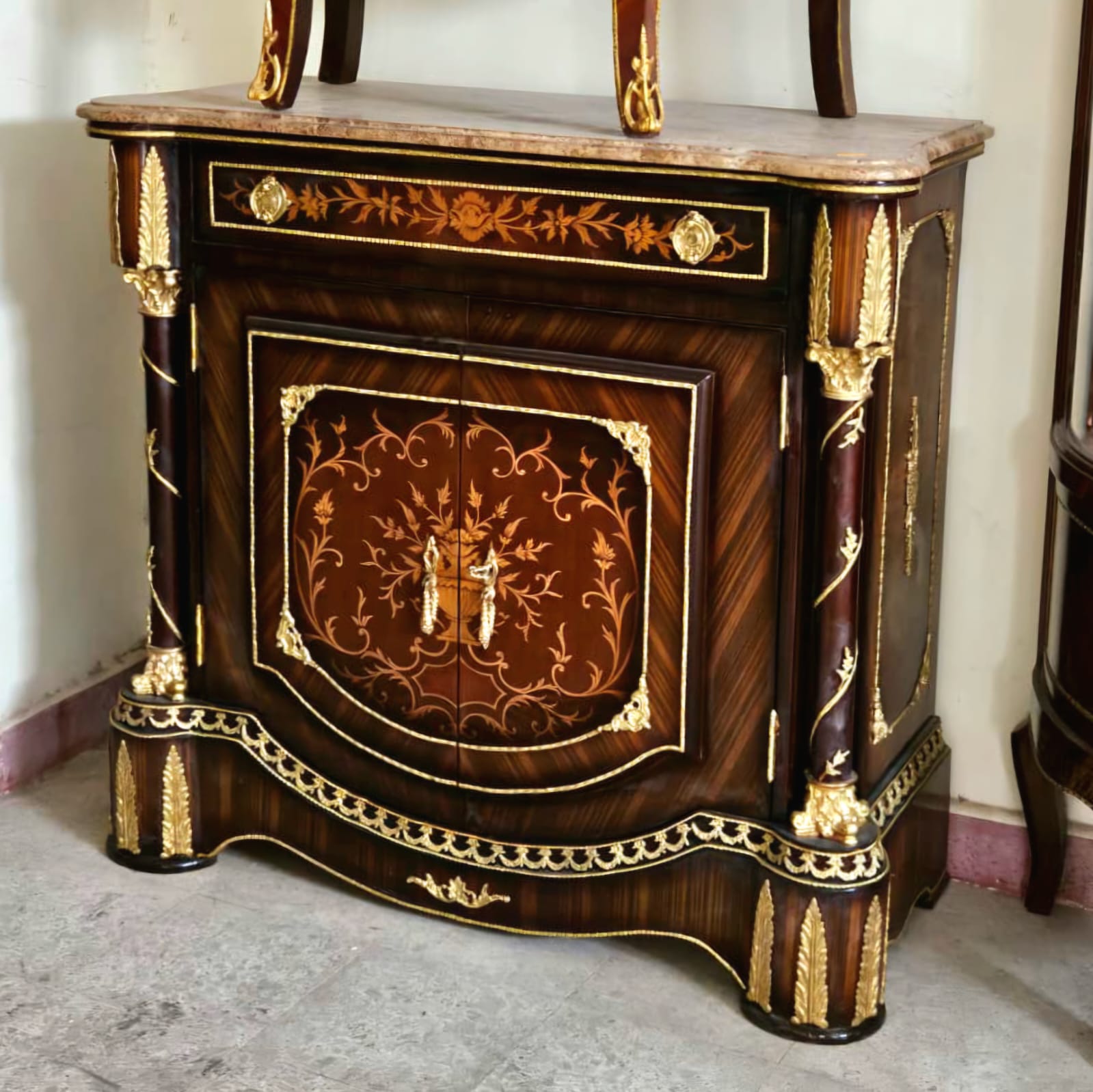 Luxury Marble Top Buffet Cabinet with Marquetry Inlay & Bronze Accents