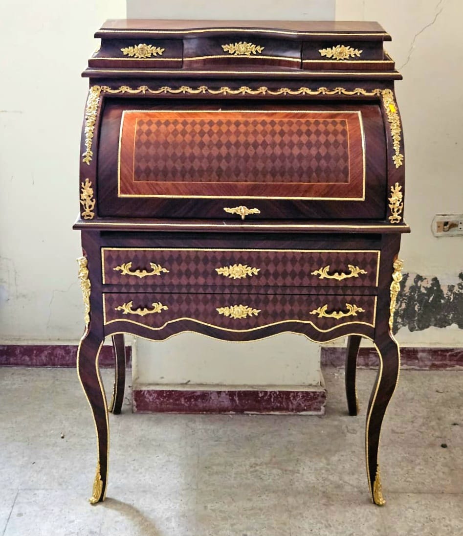 French Roll Top Secretary Desk with Marquetry Inlay & Bronze Accents