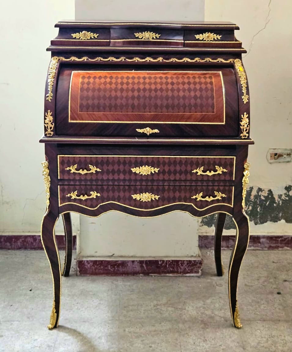 French Roll Top Secretary Desk with Marquetry Inlay & Bronze Accents
