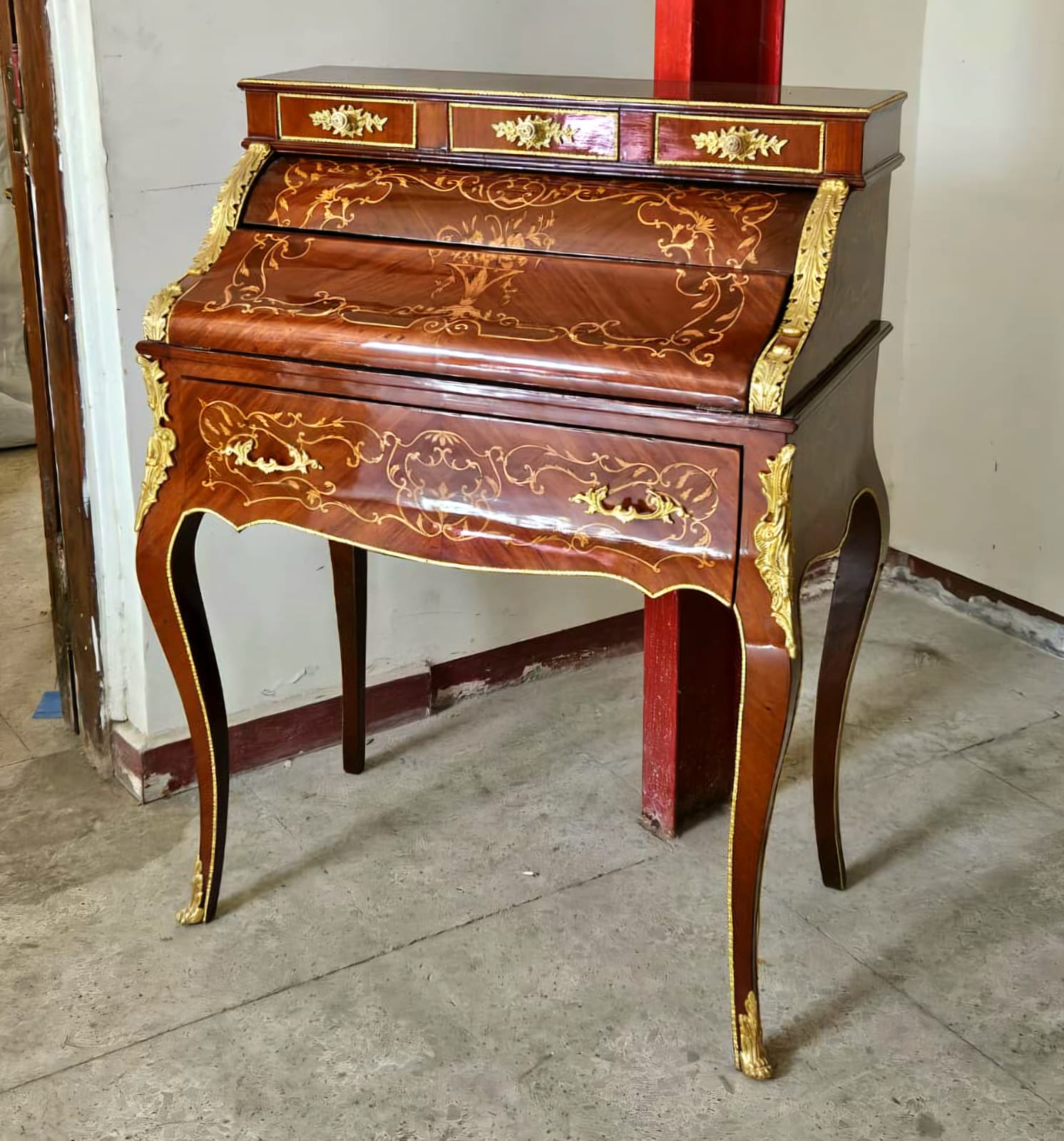French Louis XV Roll Top Secretary Desk – Marquetry Writing Desk with Bronze Ormolu Mounts