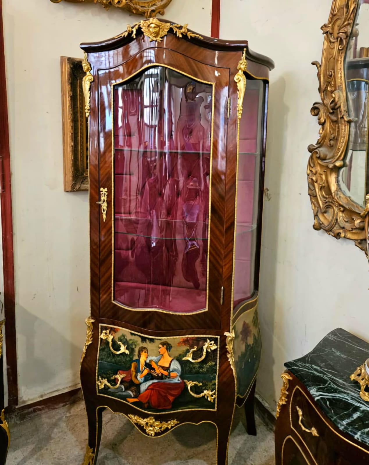 French Louis XV Style Curio Display Cabinet with Velvet Interior & Hand-Painted Drawer Panels