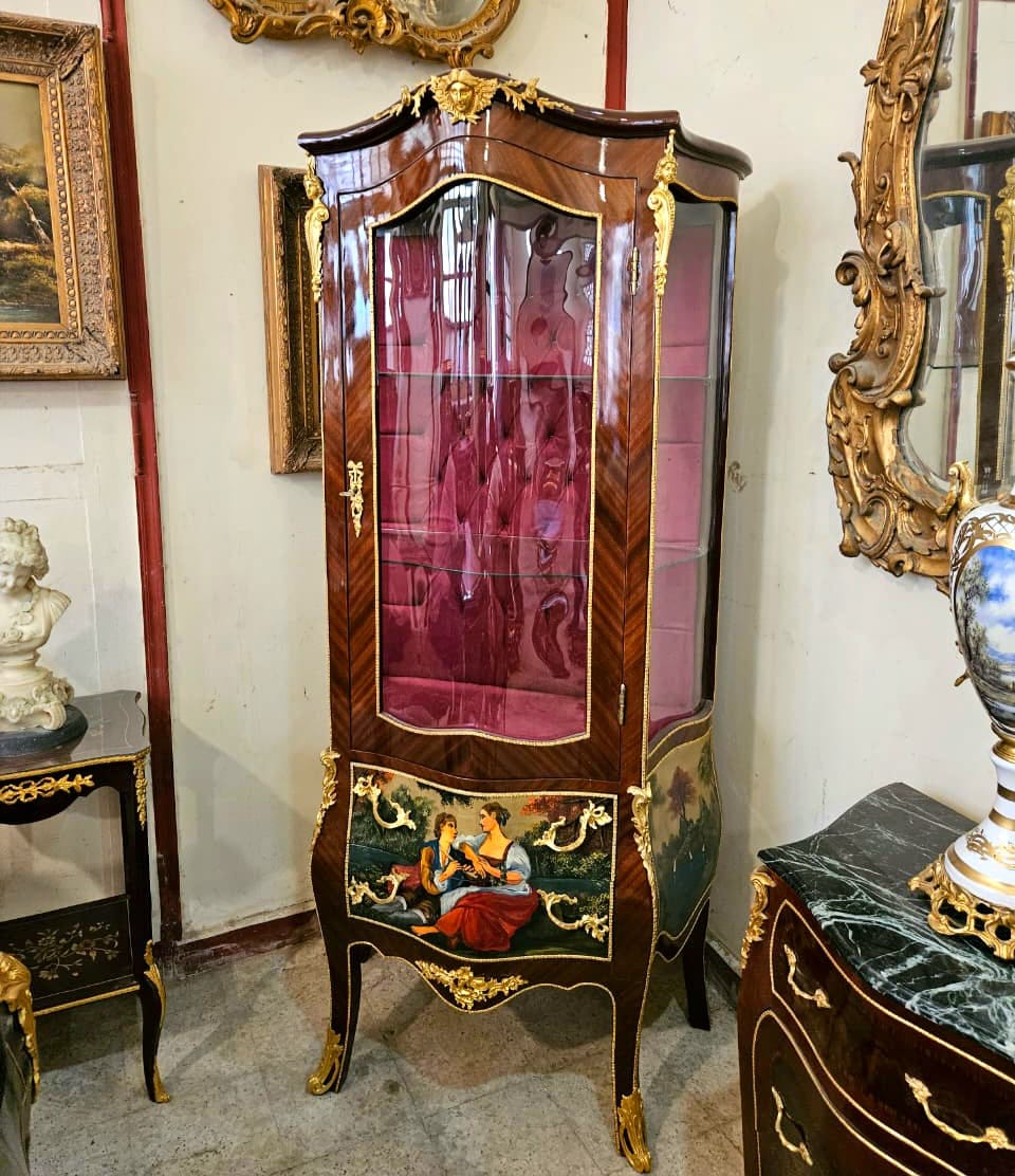 French Louis XV Style Curio Display Cabinet with Velvet Interior & Hand-Painted Drawer Panels