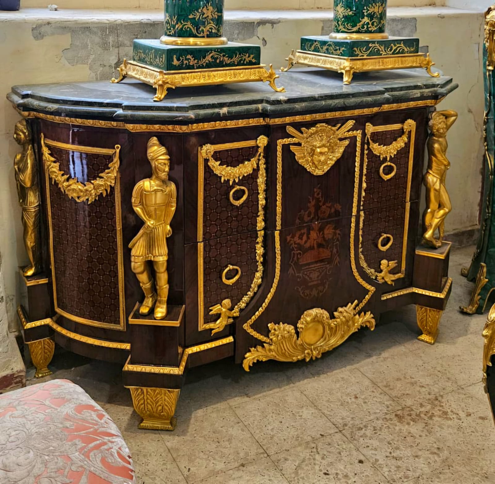 Monumental Empire Style Marble Top Sideboard Cabinet with Gilded Bronze Sculptures & Grand Storage