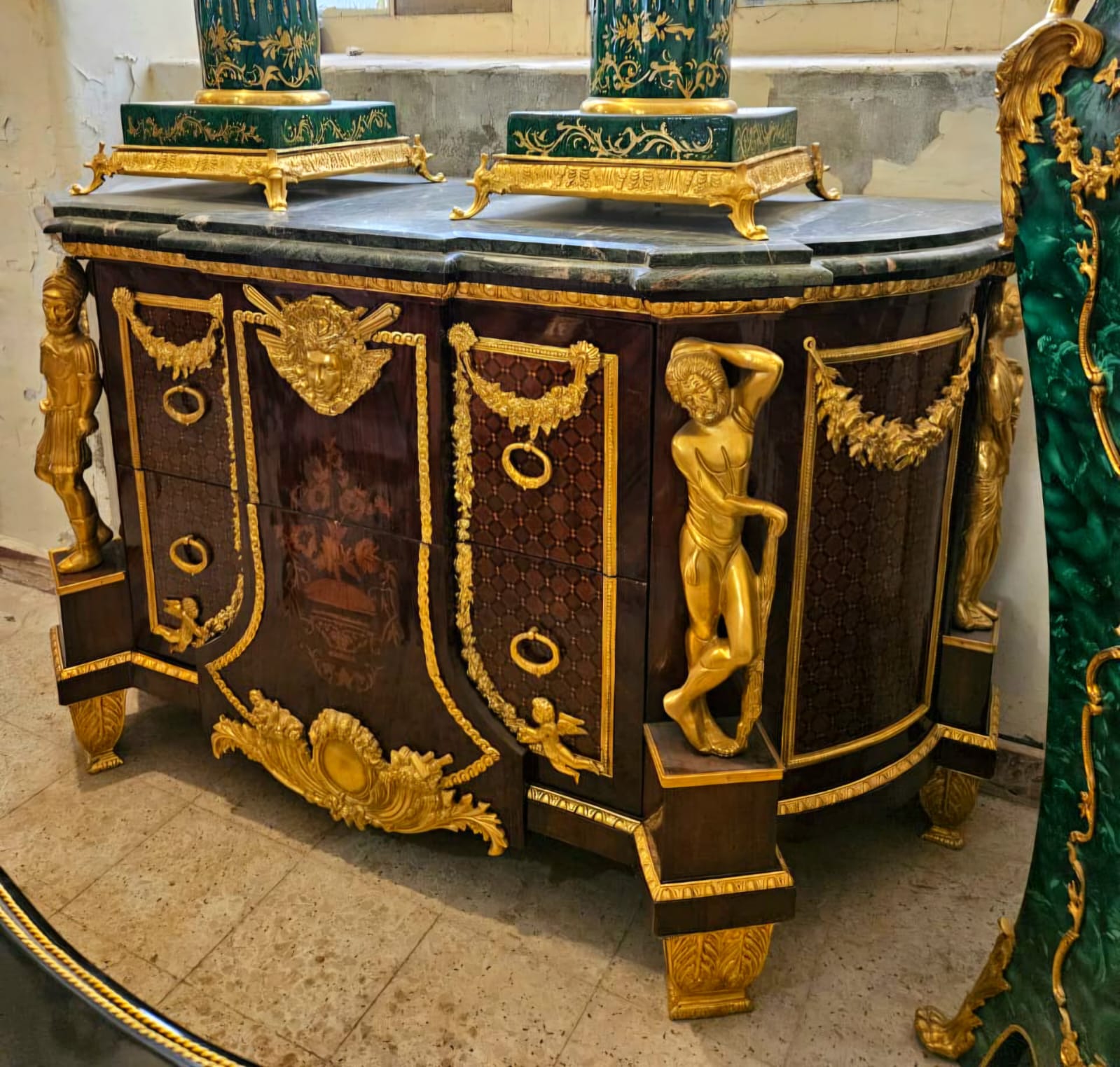 Monumental Empire Style Marble Top Sideboard Cabinet with Gilded Bronze Sculptures & Grand Storage