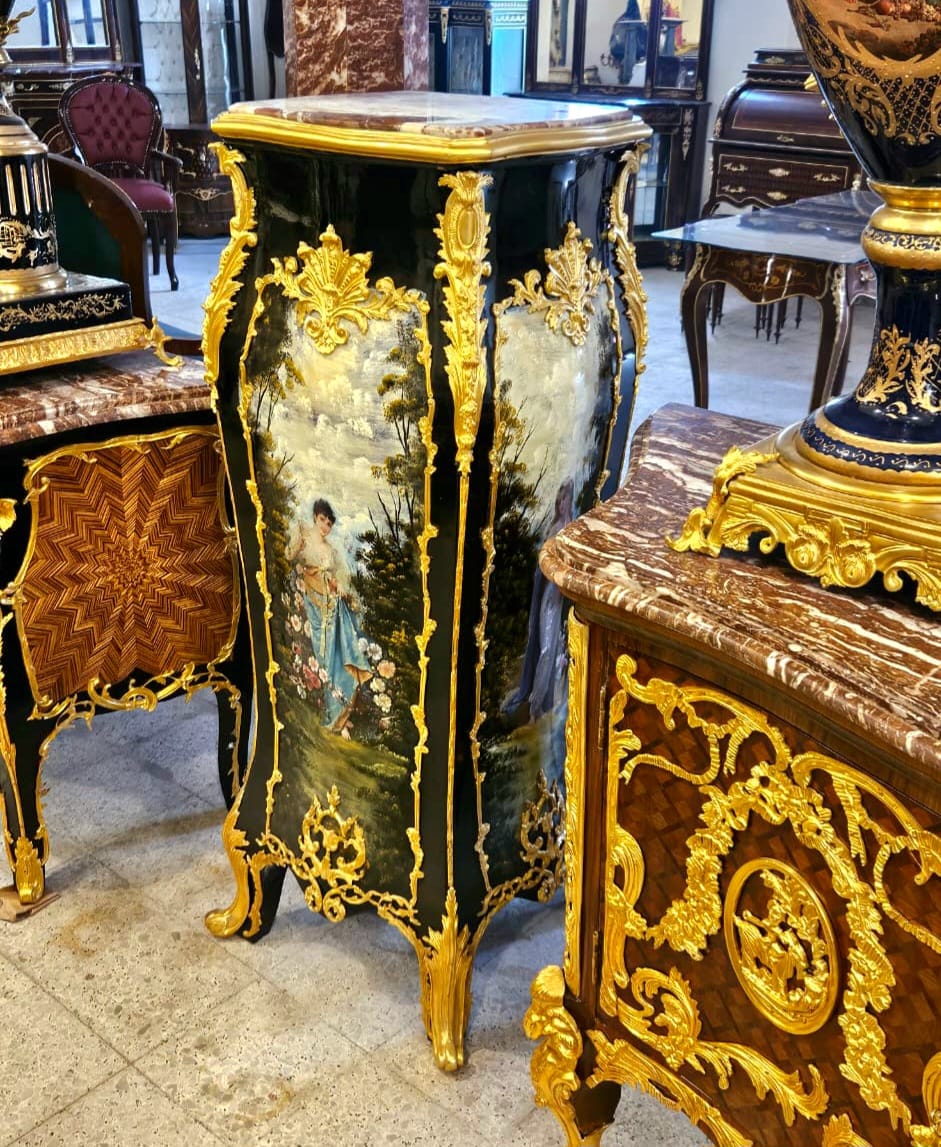 Hand-Painted French Pedestal Stand with Marble Top & Gold Leaf Accents