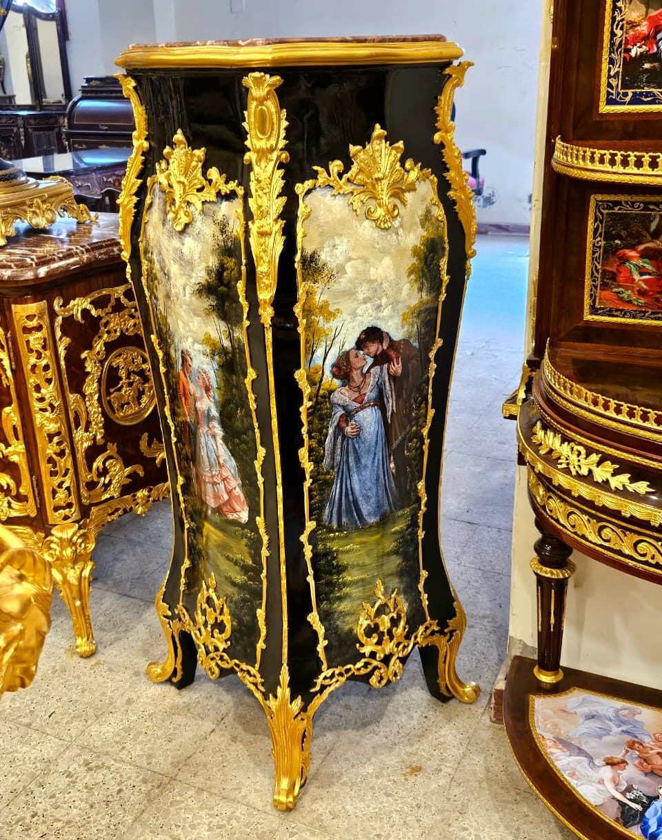 Hand-Painted French Pedestal Stand with Marble Top & Gold Leaf Accents