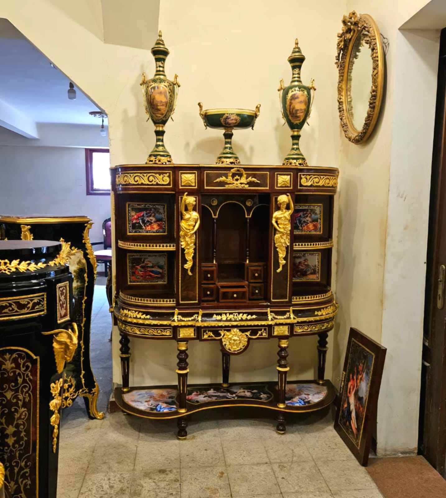 Monumental French Empire Secretary Cabinet with Hand-Painted Panels & Gold Leaf Details