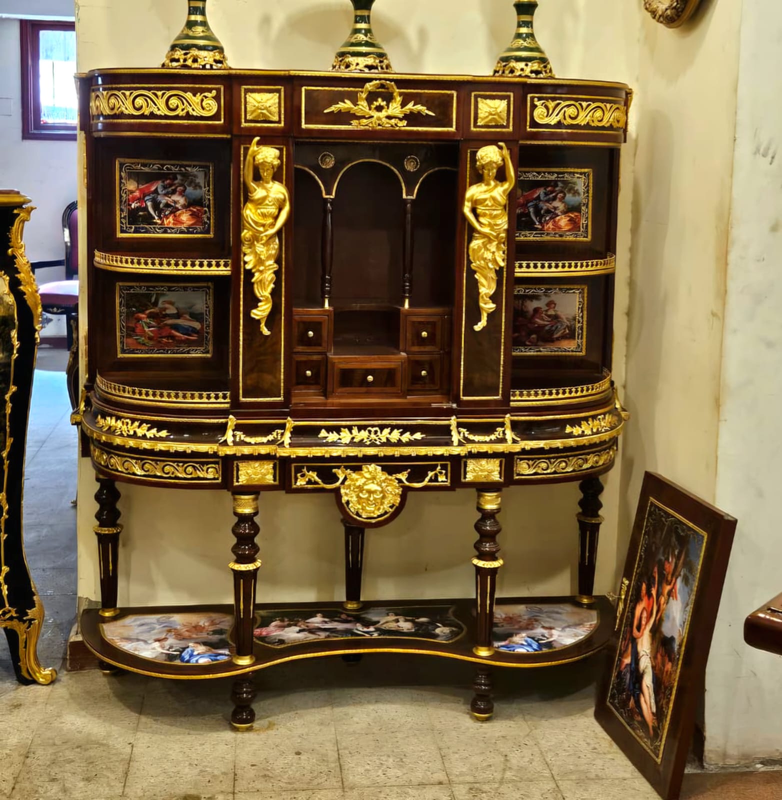 Monumental French Empire Secretary Cabinet with Hand-Painted Panels & Gold Leaf Details