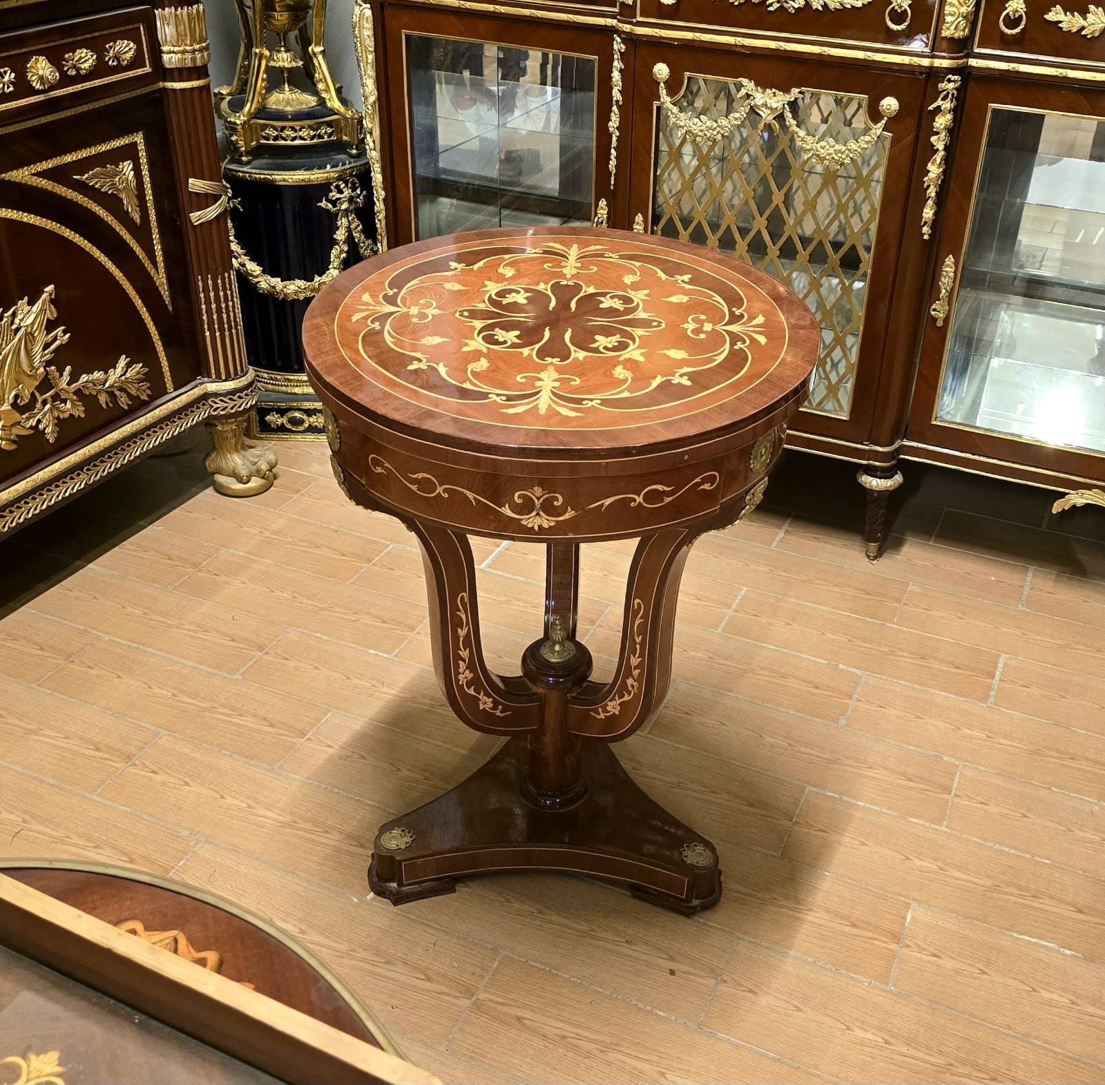 French Empire Round Accent Table – Marquetry Inlaid Center Table with Pedestal Base
