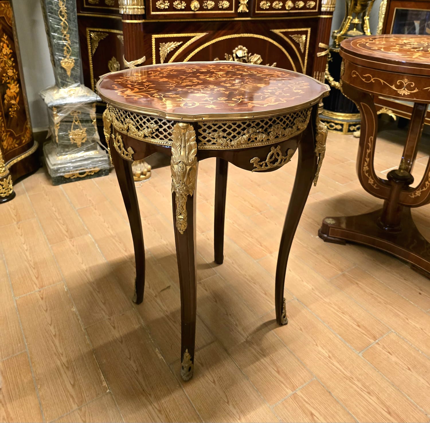 French Louis XV Accent Table – Marquetry Top with Bronze Ormolu Mounts