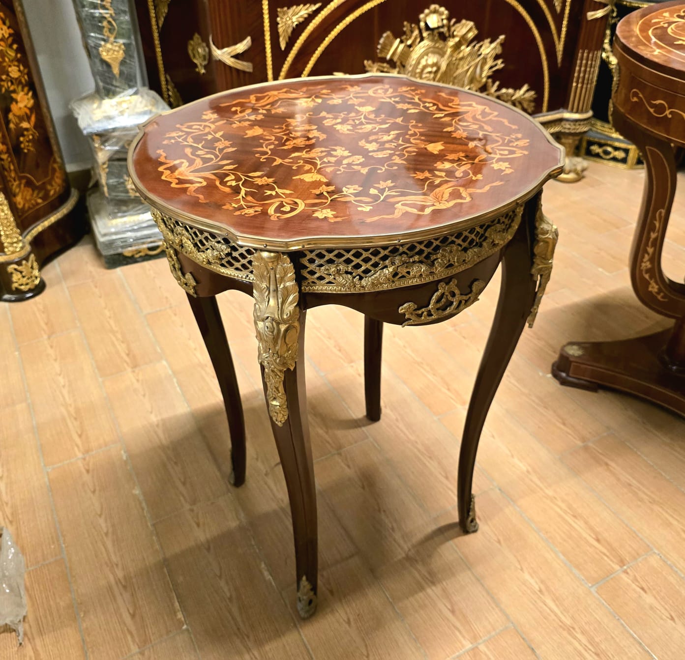 French Louis XV Accent Table – Marquetry Top with Bronze Ormolu Mounts