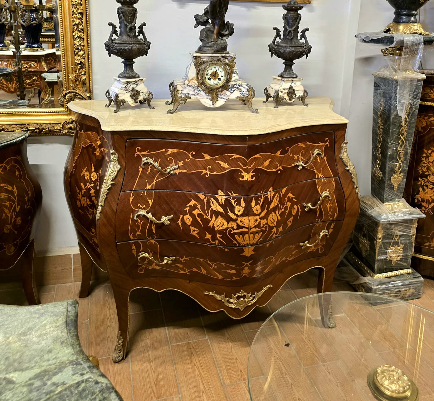French Bombe Commode with Marble Top – Floral Marquetry Chest of Drawers with Bronze Ormolu Mounts
