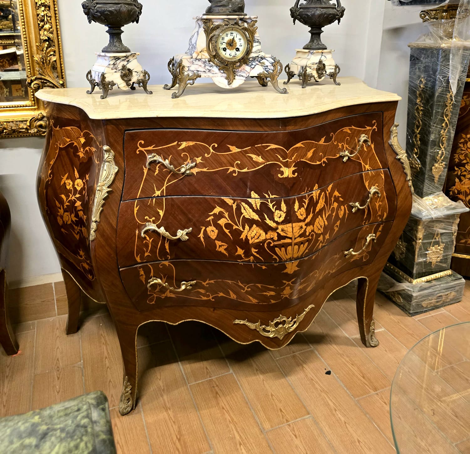 French Bombe Commode with Marble Top – Floral Marquetry Chest of Drawers with Bronze Ormolu Mounts