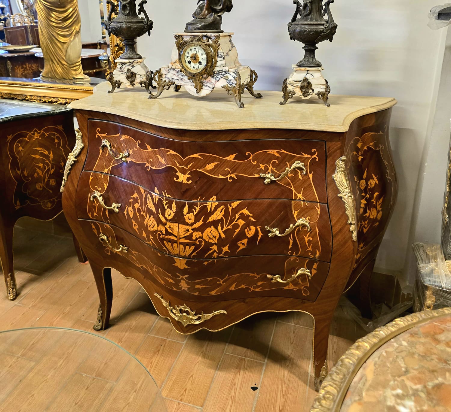 French Bombe Commode with Marble Top – Floral Marquetry Chest of Drawers with Bronze Ormolu Mounts