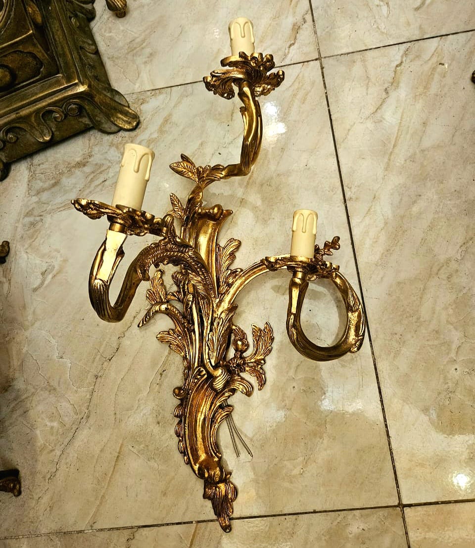 French Rococo Wall Sconce – 3 Light Gilded Bronze Wall Candelabra