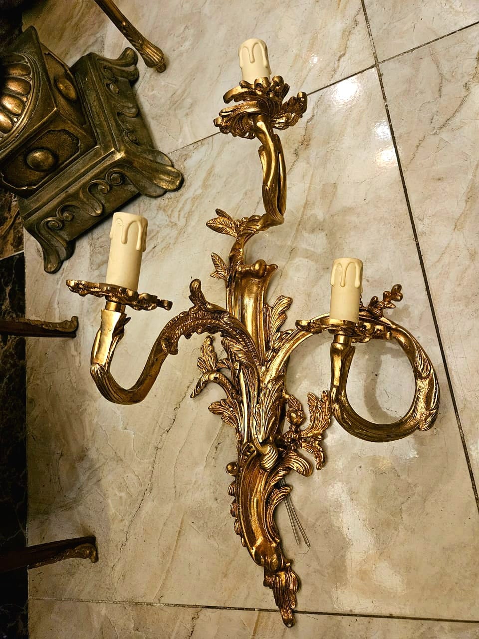 French Rococo Wall Sconce – 3 Light Gilded Bronze Wall Candelabra