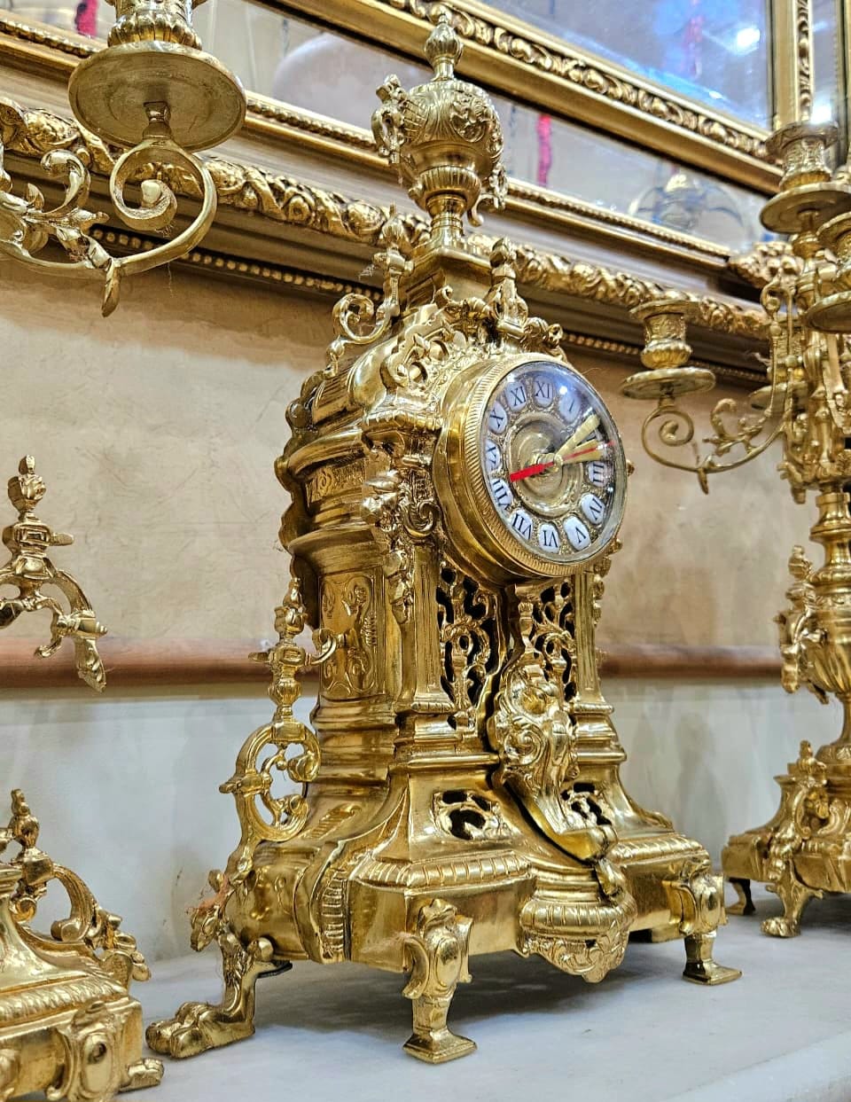 French Rococo Mantel Clock Garniture with Gilded Bronze Candelabras