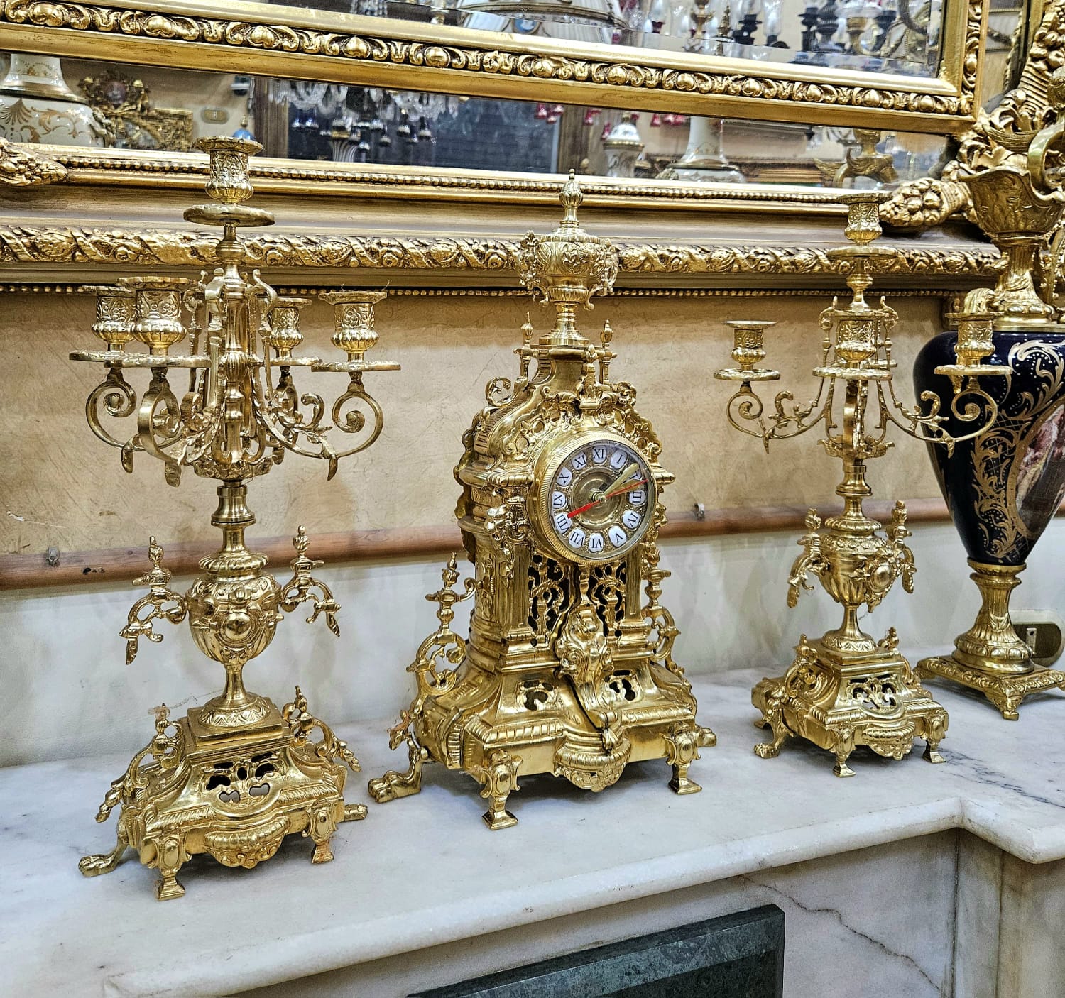 French Rococo Mantel Clock Garniture with Gilded Bronze Candelabras