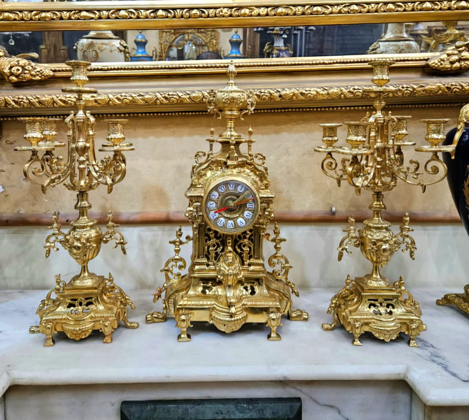 French Rococo Mantel Clock Garniture with Gilded Bronze Candelabras