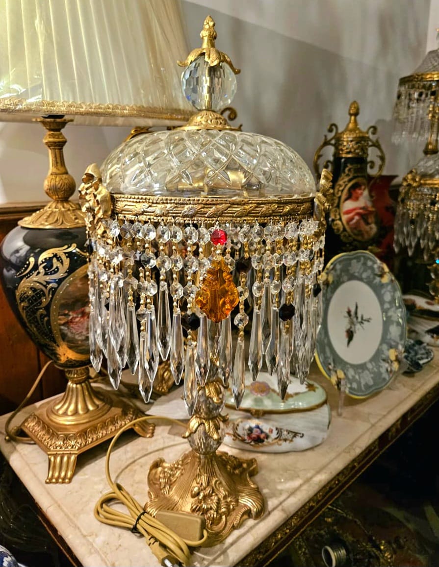 Crystal Table Lamp – Brass & Cut Crystal Boudoir Lamp with Prismatic Drops