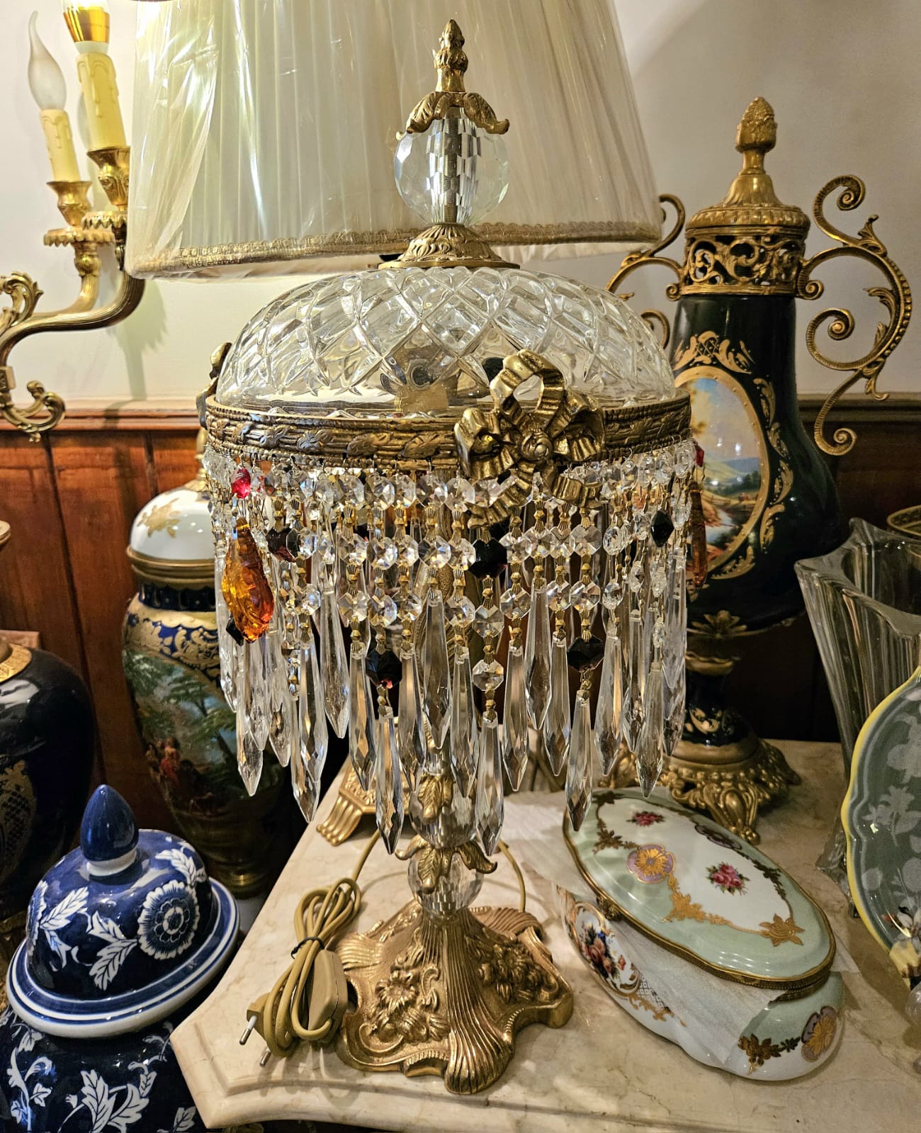 Crystal Table Lamp – Brass & Cut Crystal Boudoir Lamp with Prismatic Drops