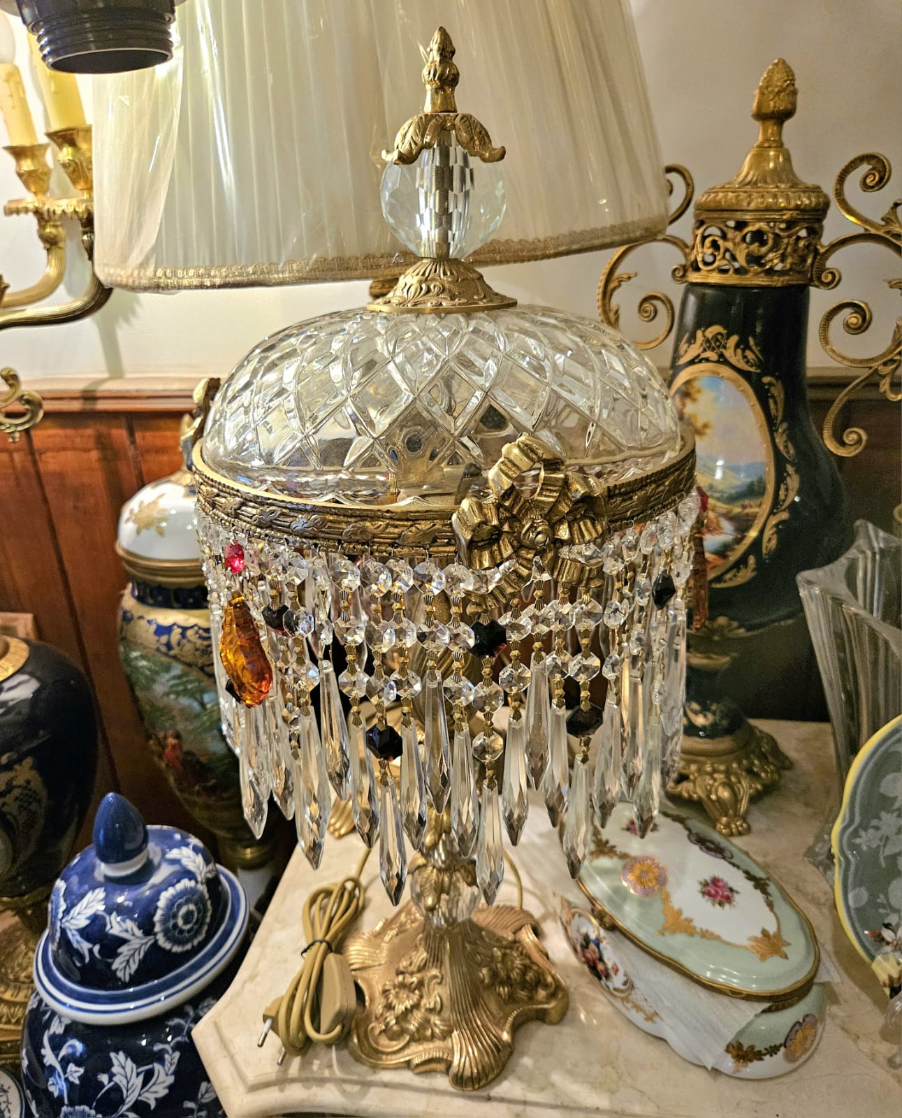 Crystal Table Lamp – Brass & Cut Crystal Boudoir Lamp with Prismatic Drops