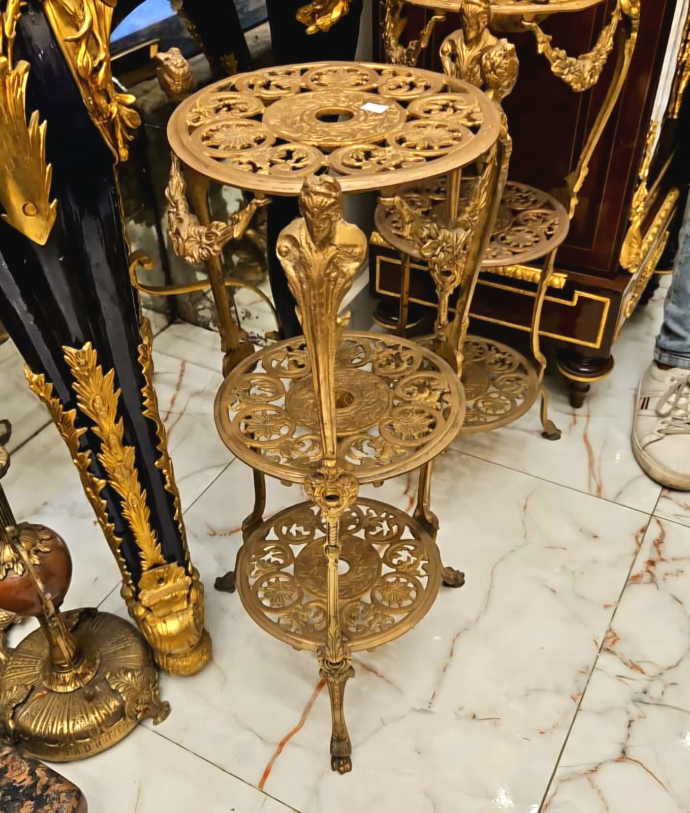 French Style Gold Leaf Tiered Side Table – Ornate Three-Tier Accent Stand