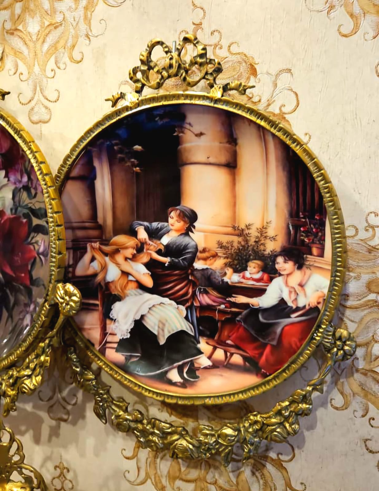 French Porcelain Wall Plaque – Romantic Salon Scene with Ornate Gilt Bronze Frame