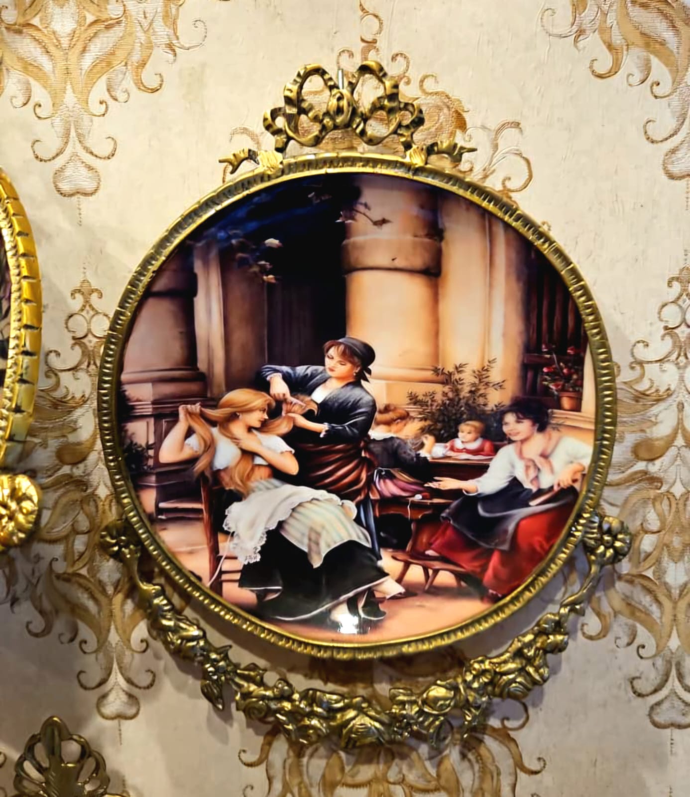 French Porcelain Wall Plaque – Romantic Salon Scene with Ornate Gilt Bronze Frame
