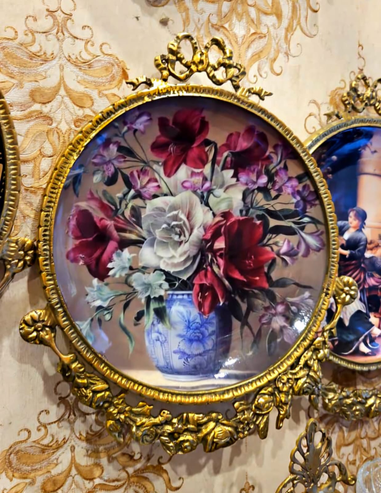 French Floral Porcelain Wall Plaque – Hand-Painted Bouquet with Gilt Bronze Frame