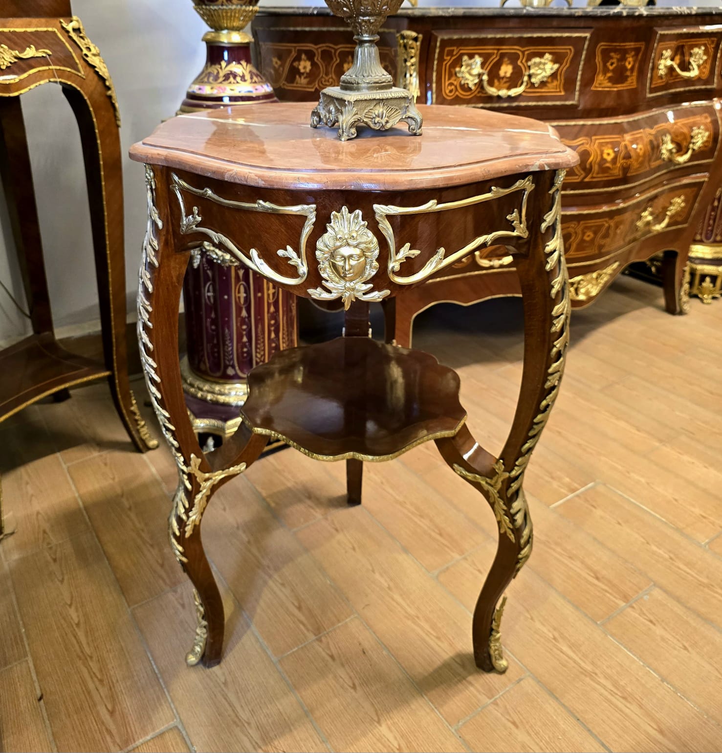 French Louis XV Marble Top Side Table with Gilt Bronze Mounts & Lower Shelf