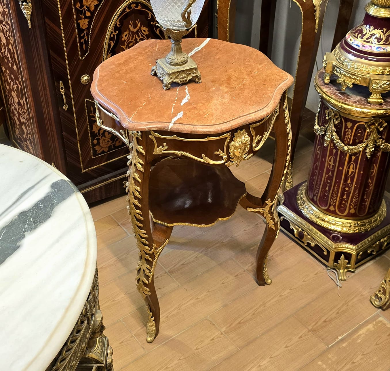 French Louis XV Marble Top Side Table with Gilt Bronze Mounts & Lower Shelf