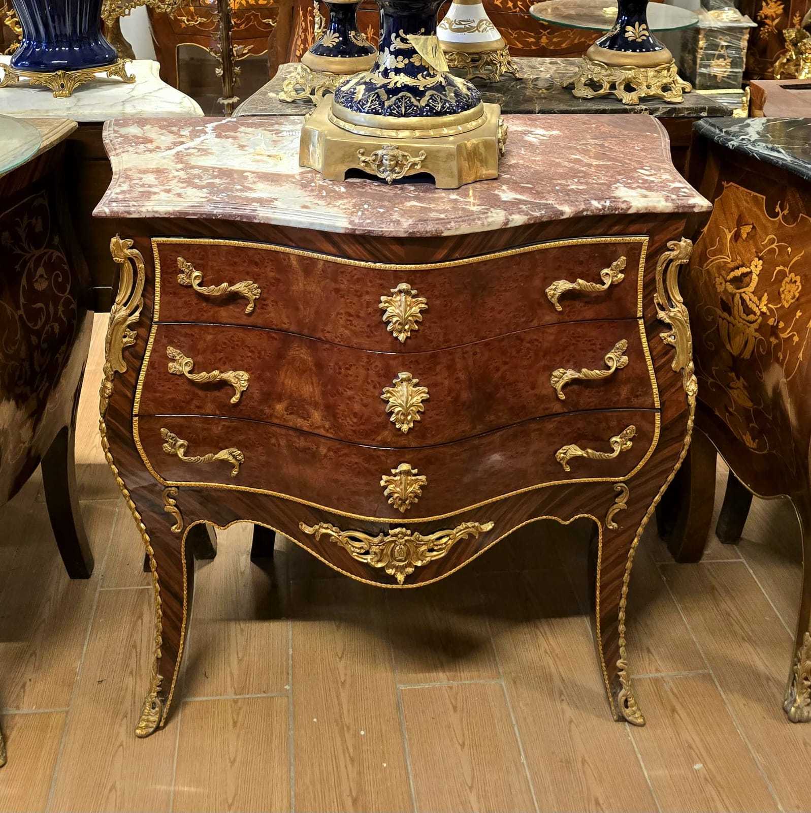 French Louis XV Bombe Commode with Marble Top, Burl Veneers & Gilt Bronze Ormolu Mounts
