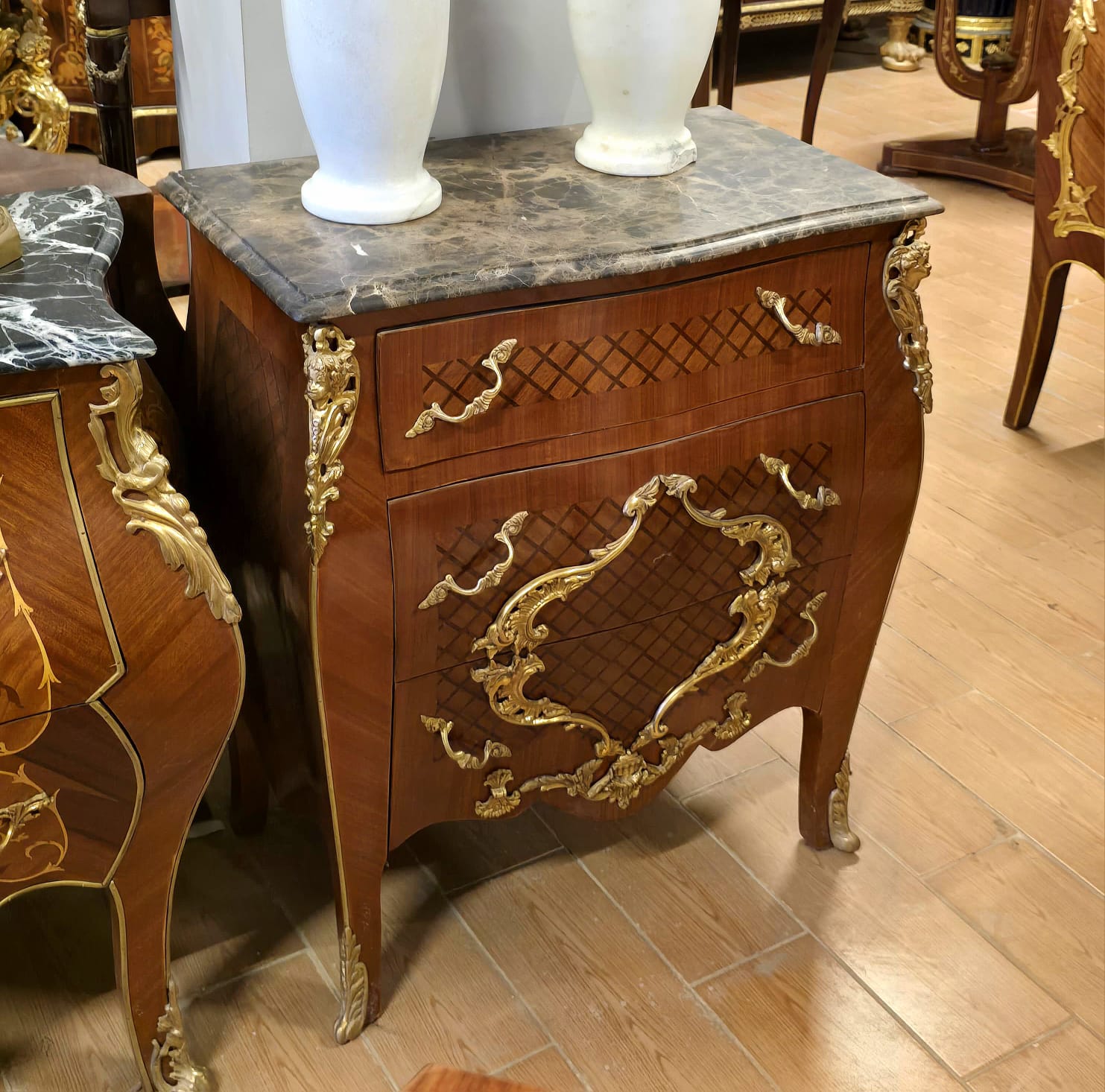 French Louis XV Marble Top Nightstand with Gilt Bronze Mounts & Parquetry Inlay