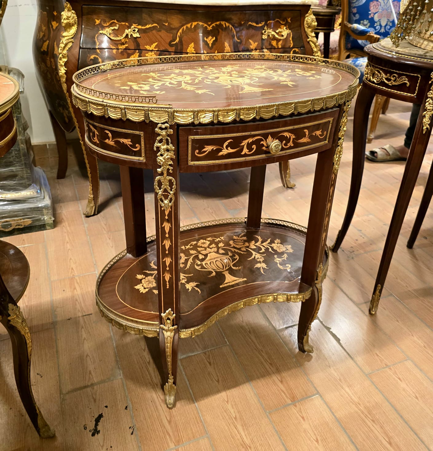 French Louis XV Inlaid Oval Side Table with Drawer, Brass Gallery & Lower Shelf