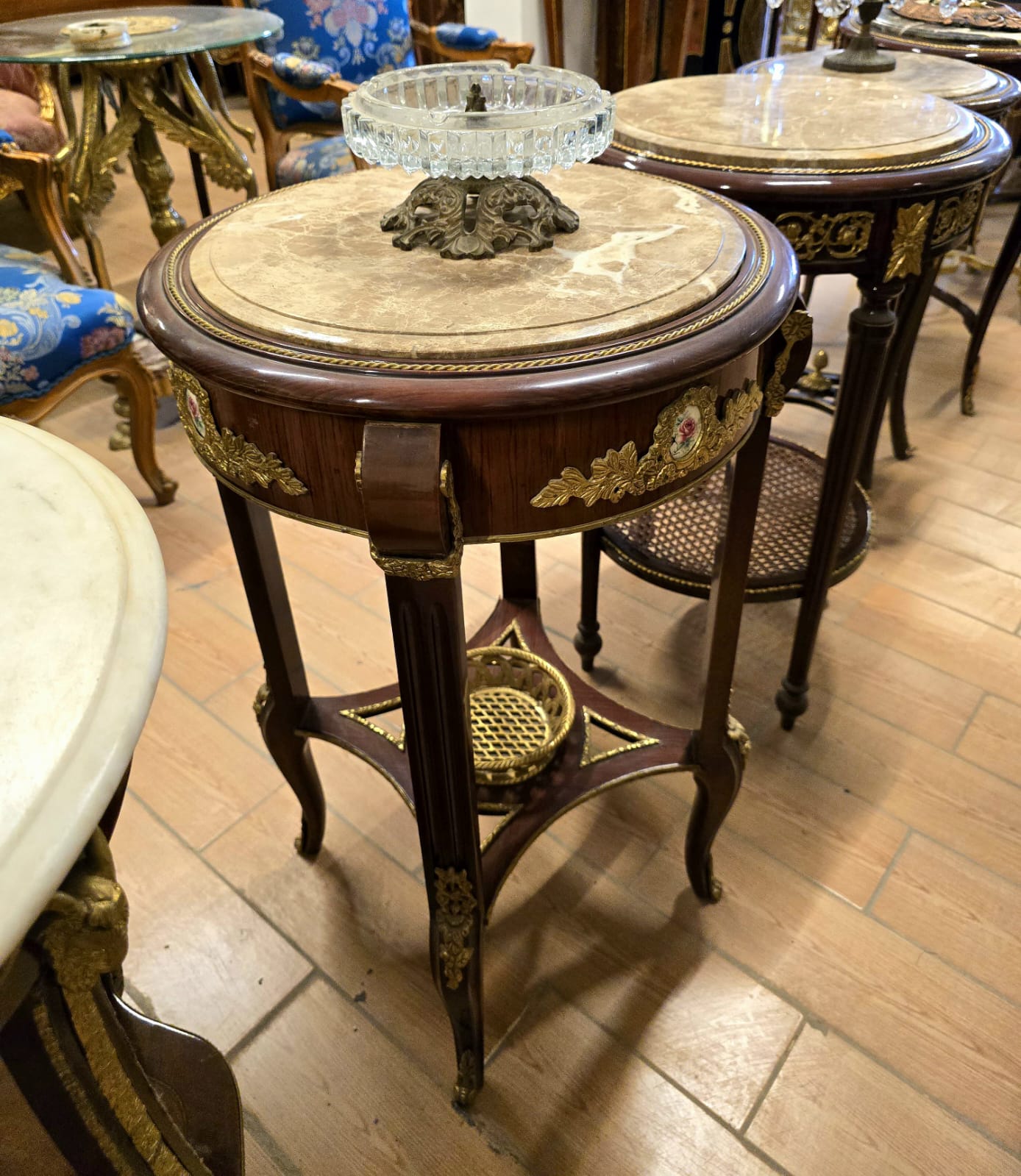 Louis XV Marble Top Side Table with Hand-Painted Floral Porcelain Medallion & Gilt Bronze Mounts