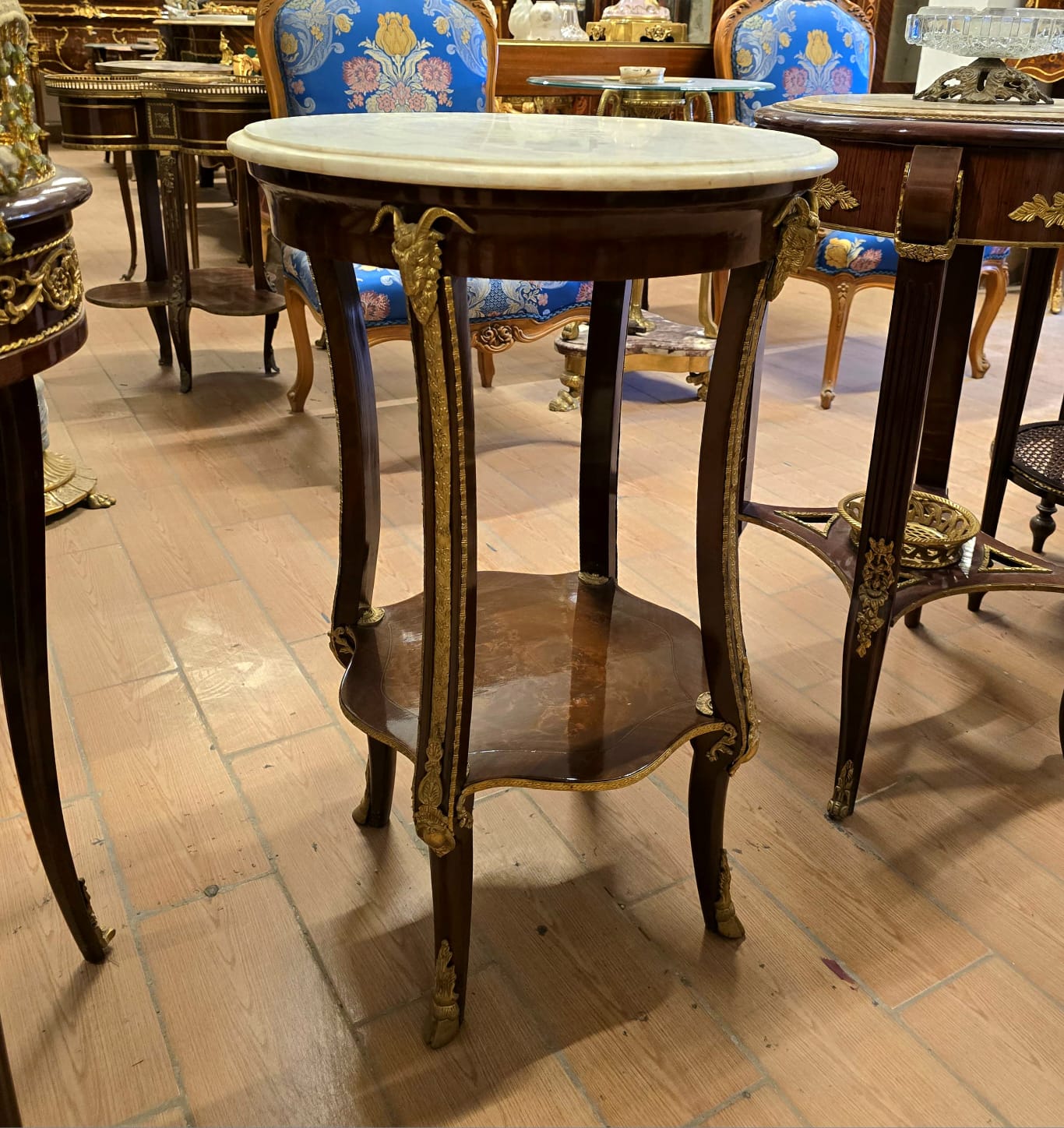 Louis XVI Marble Top Side Table with Gilt Bronze Mounts & Lower Display Shelf