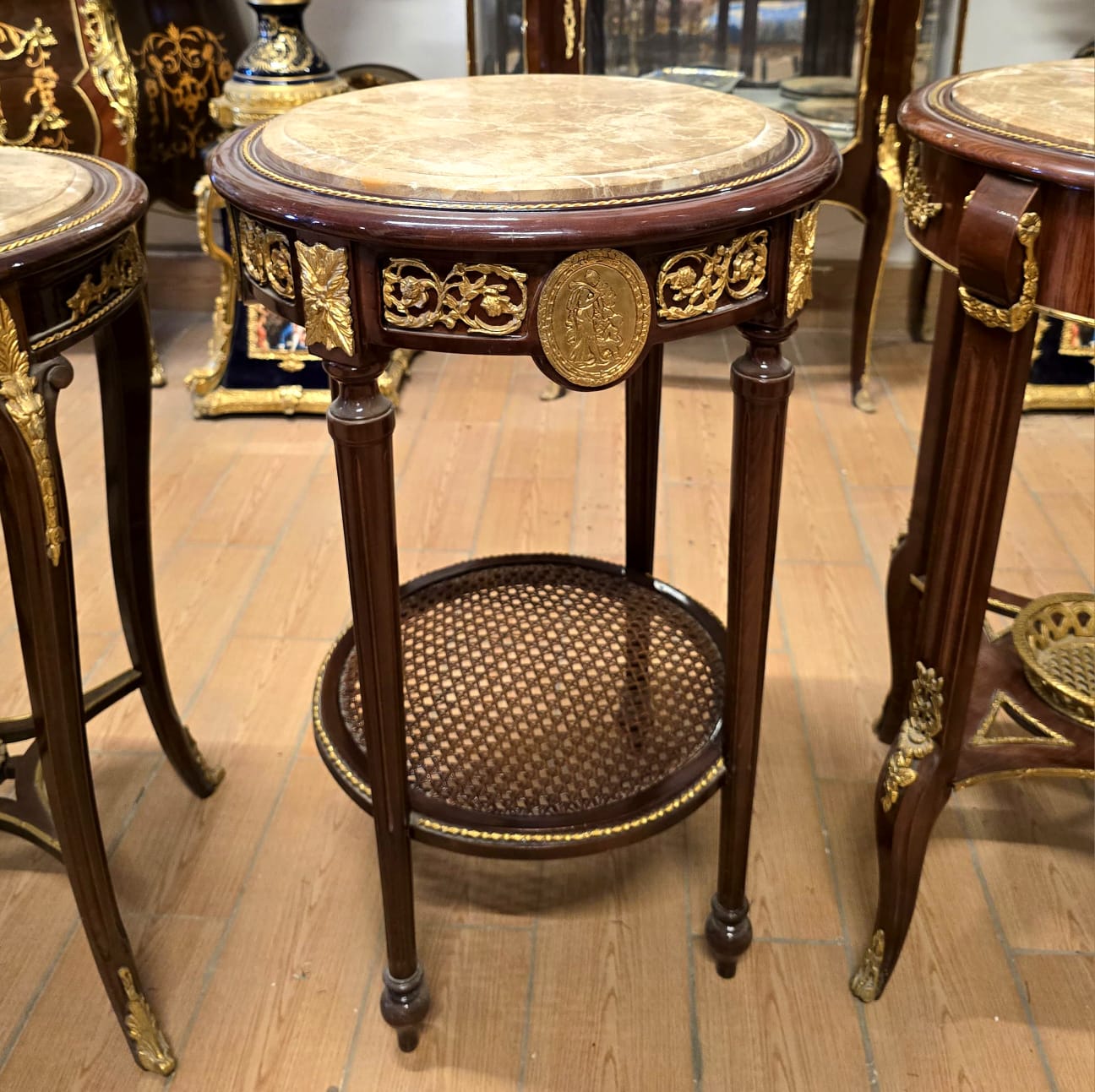 French Louis XVI Marble Top Side Table – Bronze Mounted Accent Table with Cane Shelf