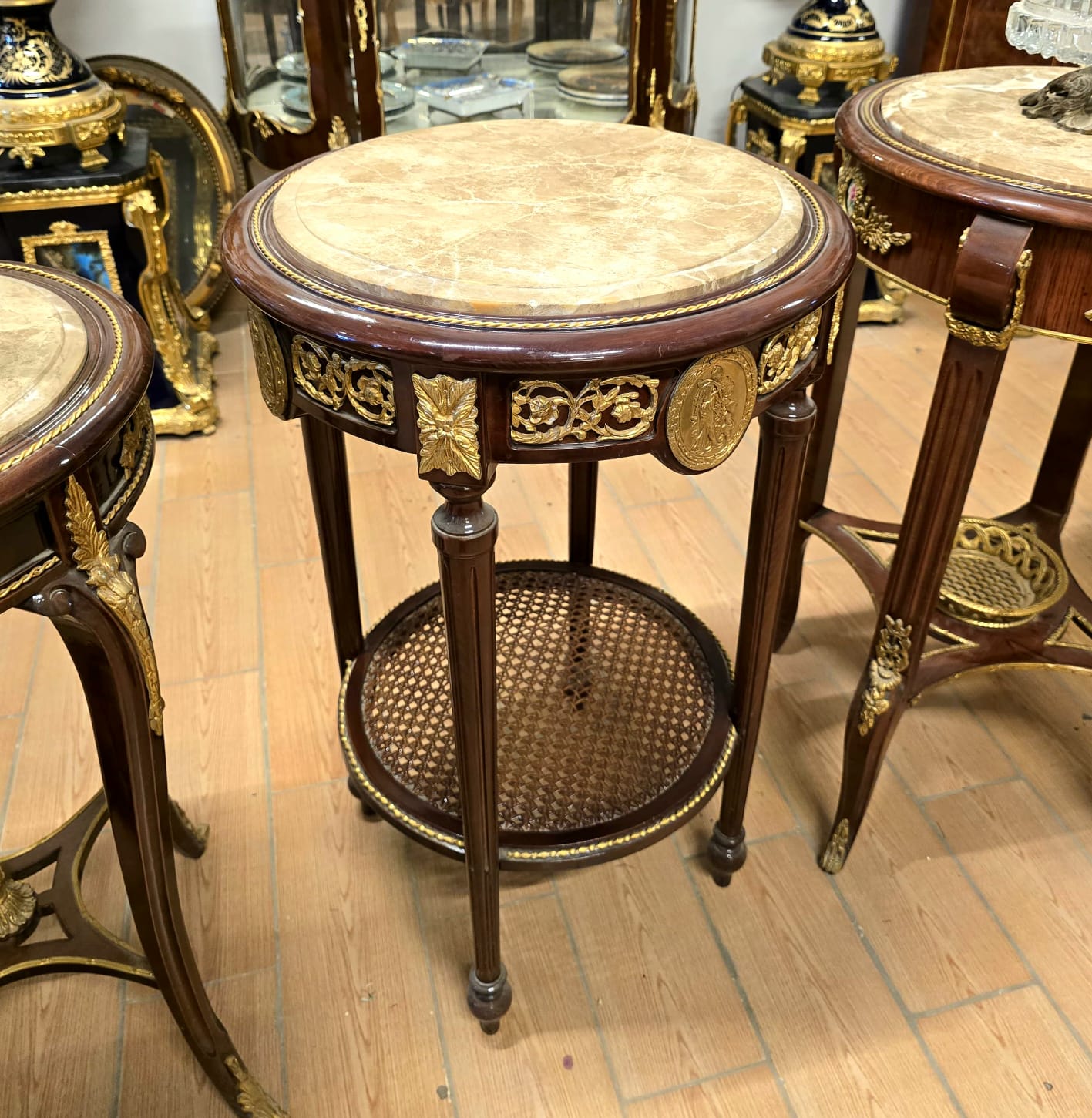 French Louis XVI Marble Top Side Table – Bronze Mounted Accent Table with Cane Shelf