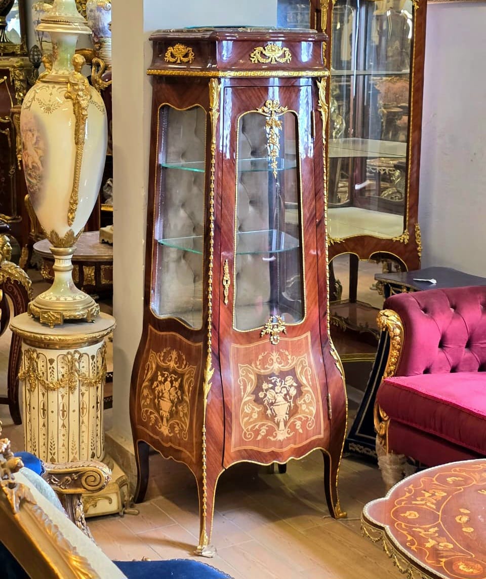 French Bombe Curio Cabinet with Glass Doors, Gold Leaf Accents & Floral Marquetry