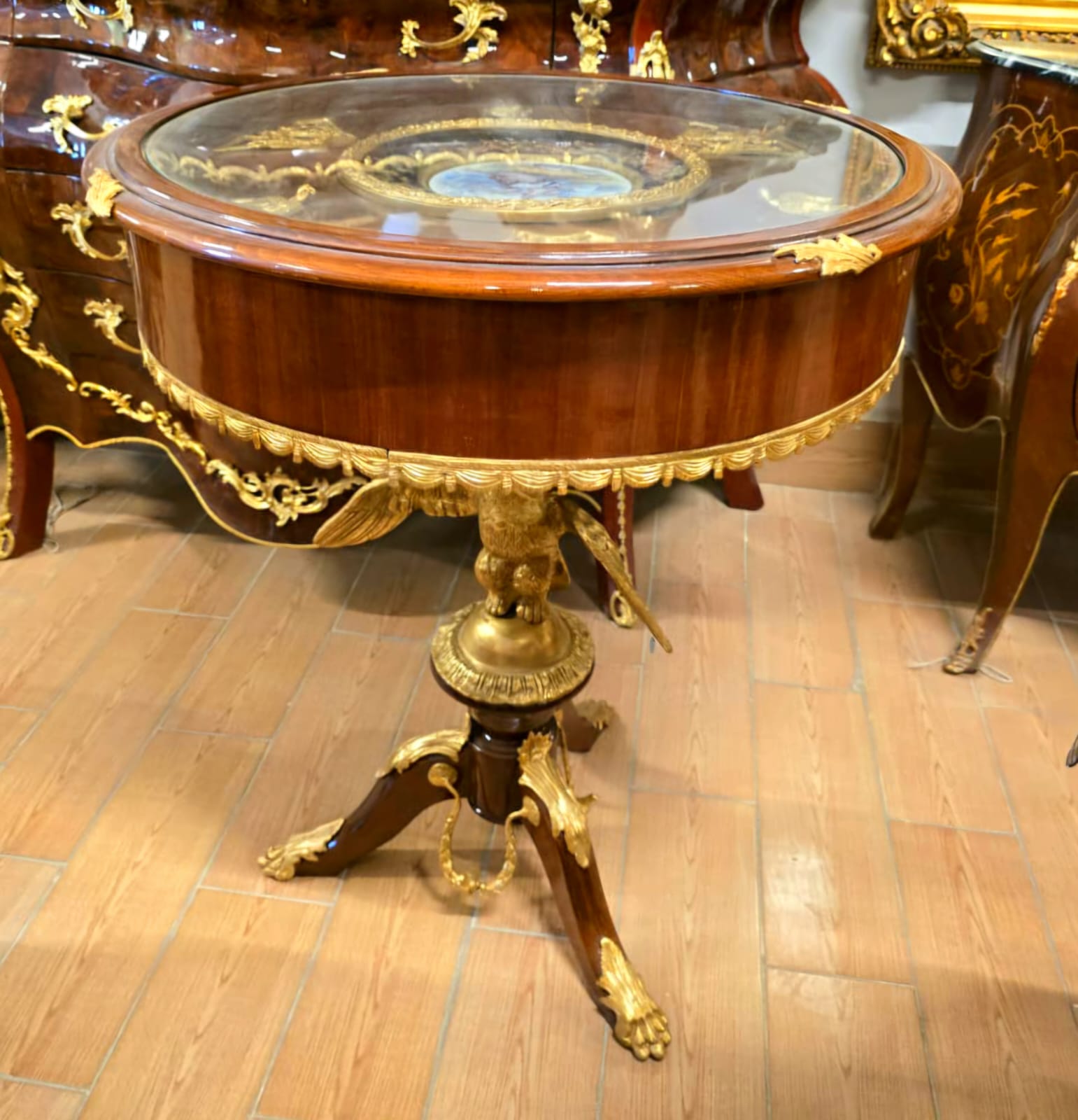 French Empire Glass Top Side Table with Hand-Painted Porcelain Medallion & Gilt Bronze Accents