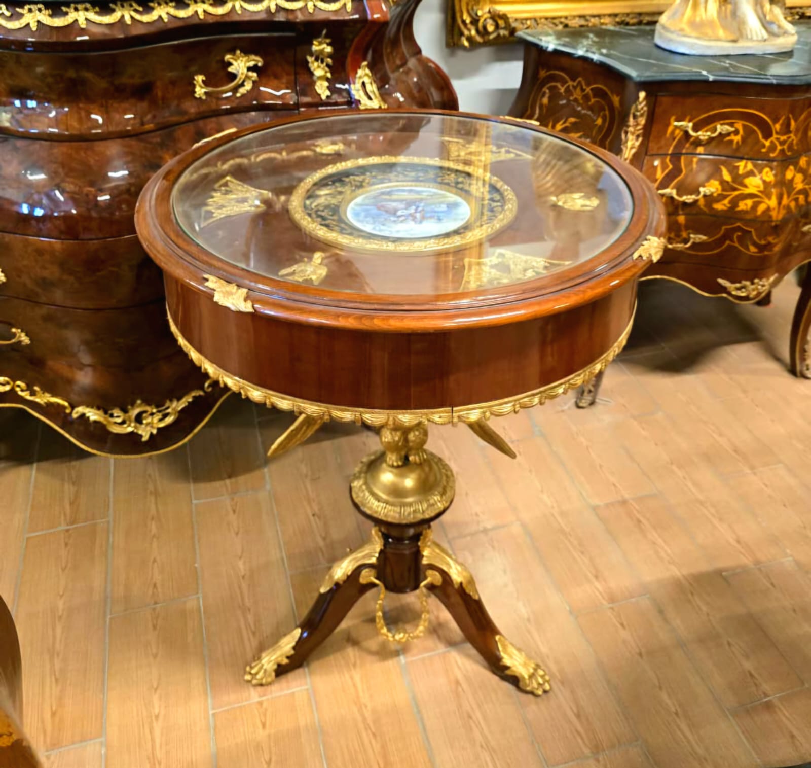 French Empire Glass Top Side Table with Hand-Painted Porcelain Medallion & Gilt Bronze Accents