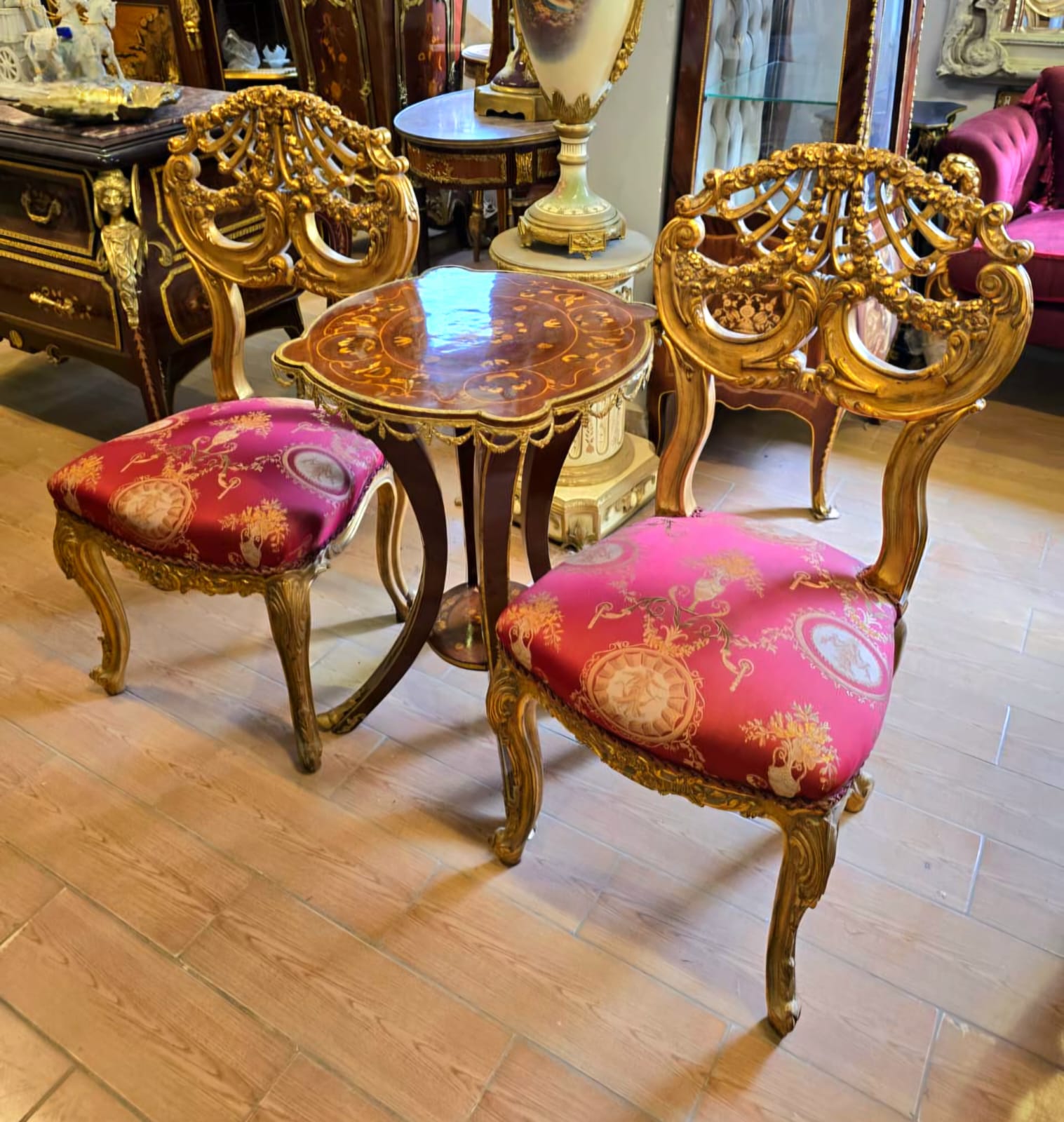 French Gold Leaf Side Chair with Burgundy Damask Upholstery – Sold Individually