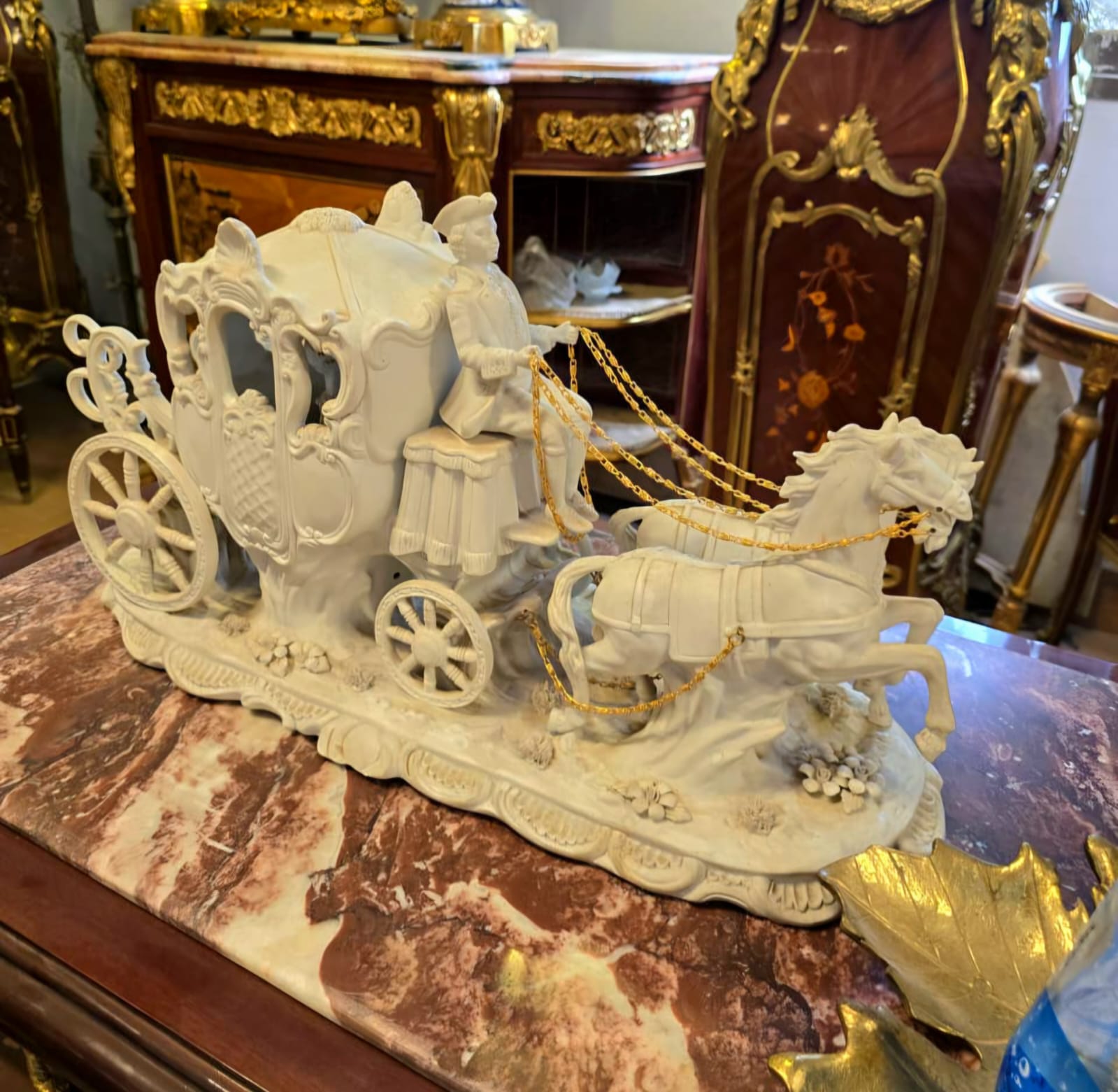 Romantic Cinderella Carriage Sculpture with Horse & Cherub – Elegant Fairy Tale Décor